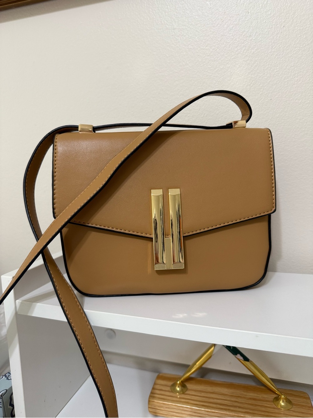 Tan Crossbody Shoulder Bag with Gold-Tone Hardware